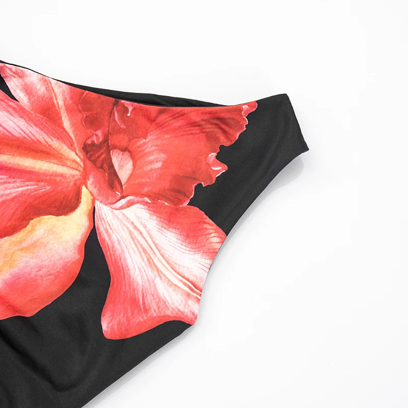 Floral Print Sleeveless Slant Shoulder Tank Top with Drawstring Detail VestiVogue