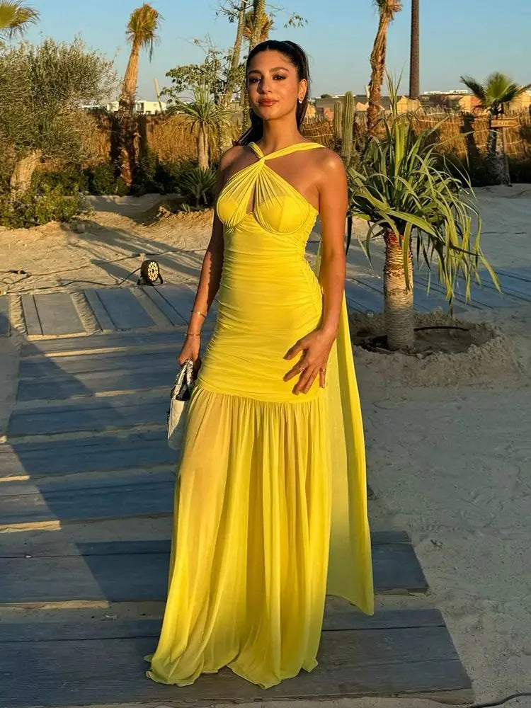 Women’s Sleeveless Yellow Mesh Ruched Maxi Dress VestiVogue  