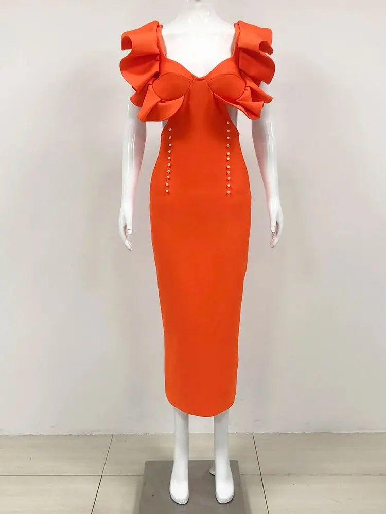 Orange Cut Out Midi Bandage Bodycon Dress VestiVogue  