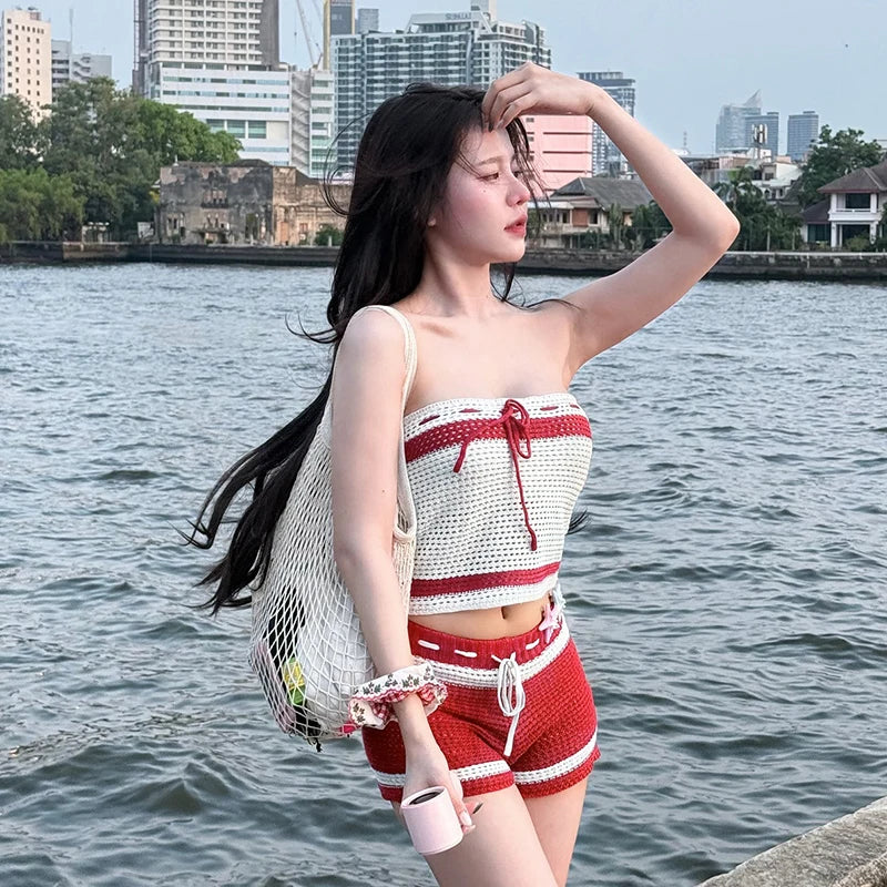 Clashing Colour Stripe Strapless Knitted Two-Piece Set VestiVogue