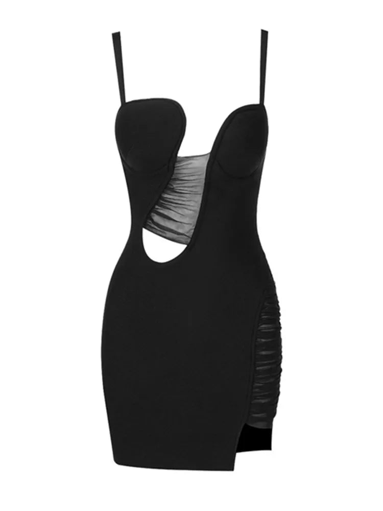 V Neck Backless Mesh Black Mini Dress VestiVogue  