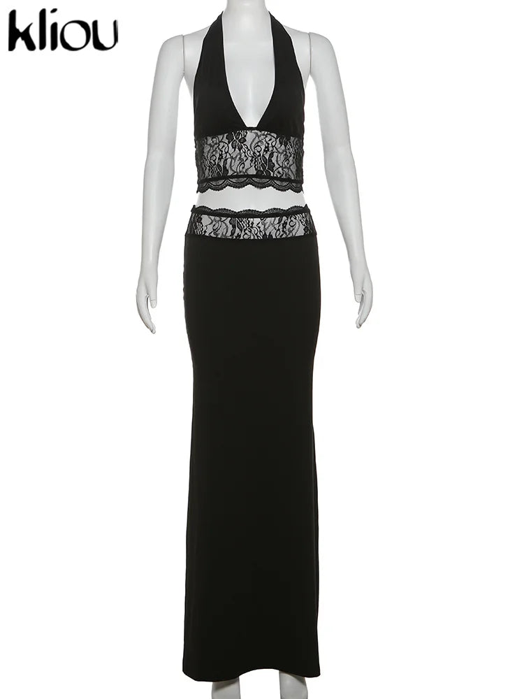 Lace Patchwork Halter Backless Two-Piece Set VestiVogue