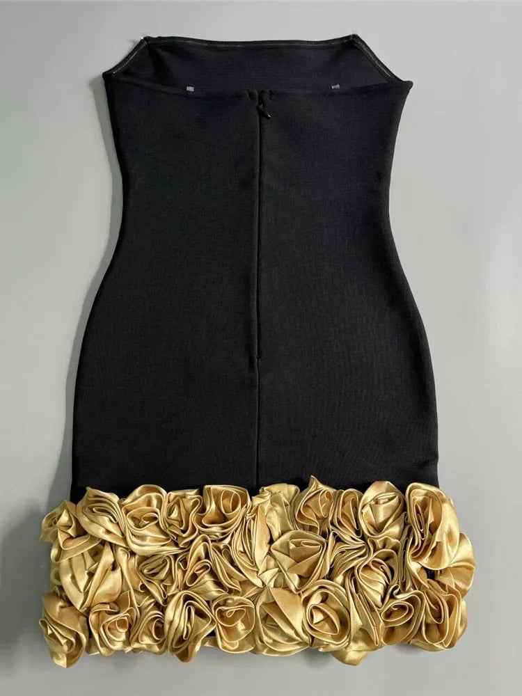 Strapless Gold 3D Floral Mini Bandage Dress VestiVogue