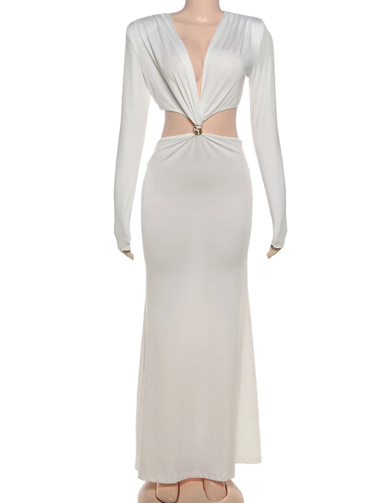 Chic Ankle-Length Dress with Deep V-Neck and Elegant Full Sleeves VestiVogue