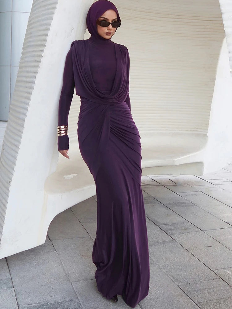 Elegant Ruched Peach Maxi Dress with Full Sleeves VestiVogue