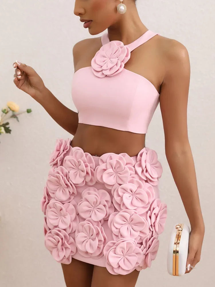 Peach Pink Lace Appliqué Mini Dress Set VestiVogue  