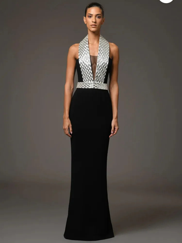 Black Backless Beaded Maxi Bodycon Dress VestiVogue