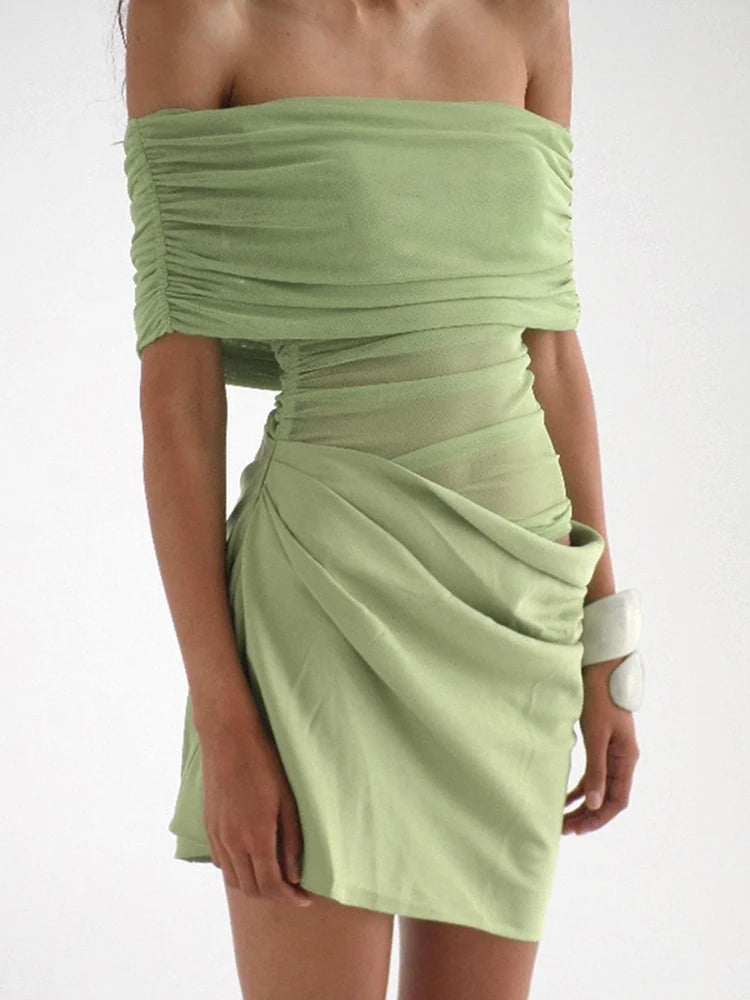 Off-Shoulder Sheer Pleated Bodycon Mini Dress VestiVogue green M