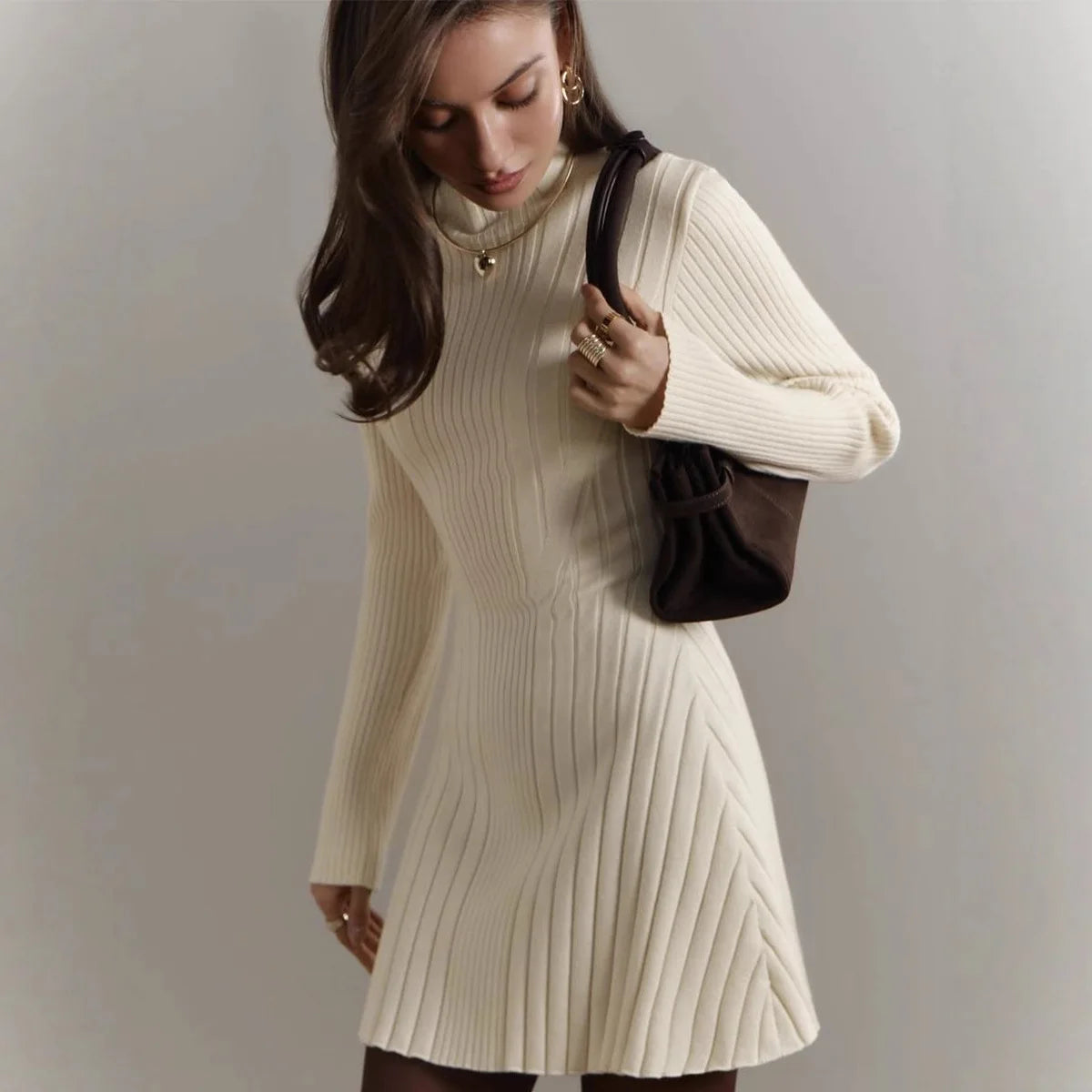 Elegant A-Line Knitted Dress with Semi-High Neck and Long Sleeves VestiVogue