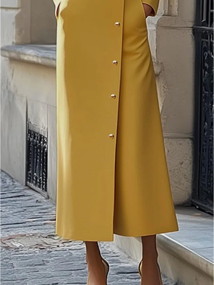 Stand Collar H-Line Midi Dress with Button Detail VestiVogue