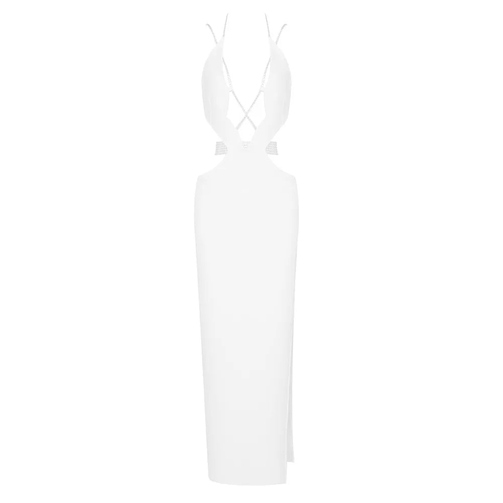 White Sexy V Neck Cut Out Crystal Maxi Dress VestiVogue