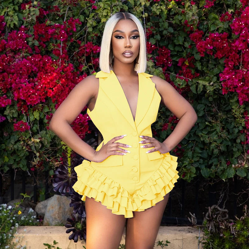 Lapel Button Deep V Ruffle Swing Playsuit VestiVogue Yellow S