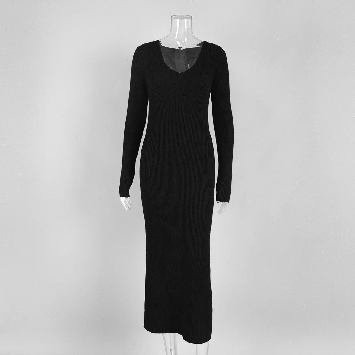 Elegant Long Sleeve V-Neck Knitted Maxi Dress VestiVogue Black 1992 M