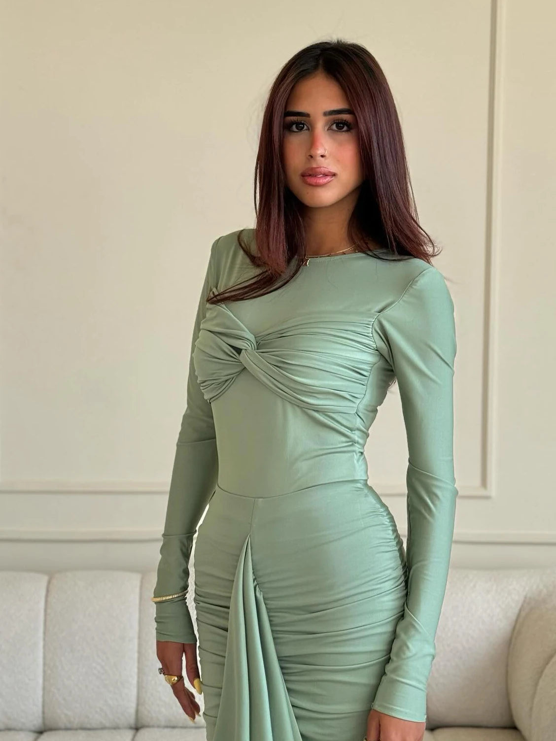 Elegant Long Sleeved Sheath Maxi Dress for Autumn/Winter VestiVogue green L