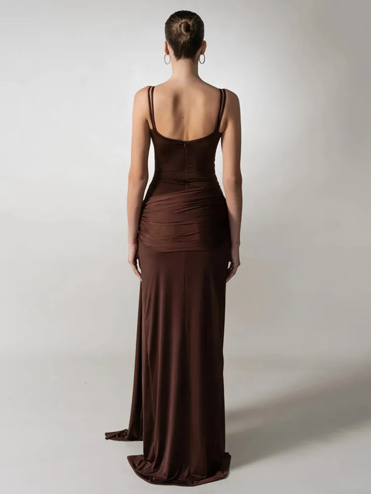Elegant Brown Ruched Bodycon Maxi Gown VestiVogue