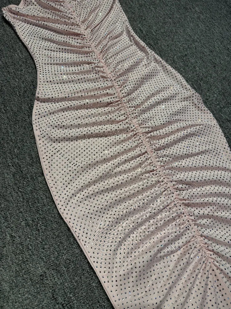 Backless Ruched Maxi Gown with Pink Diamond Detail VestiVogue