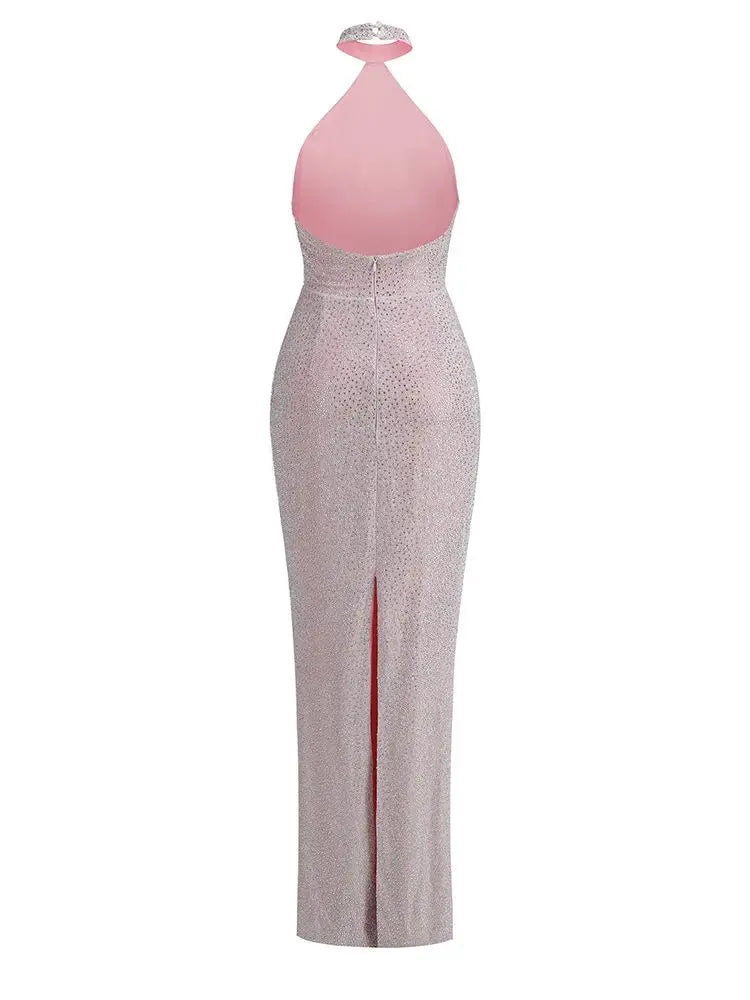 Backless Pink Crystal Maxi Dress VestiVogue  