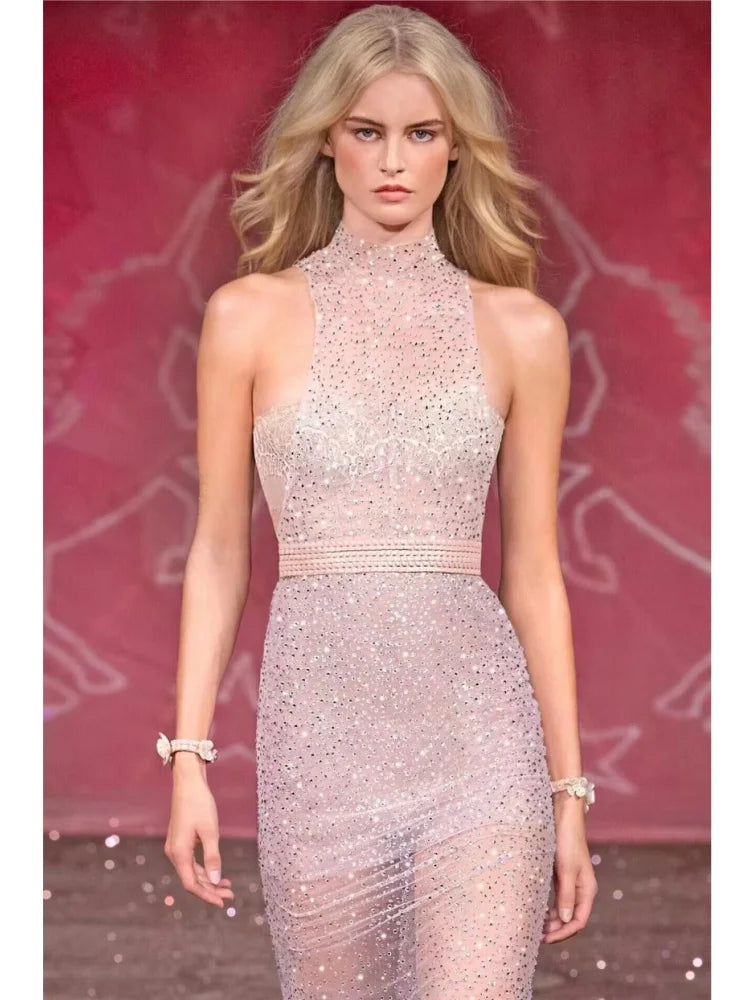 Pink Lace Mesh Midi Bodycon Dress with Beading VestiVogue  