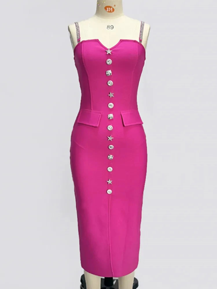 Sleeveless Hot pink Midi Bandage Dress VestiVogue  