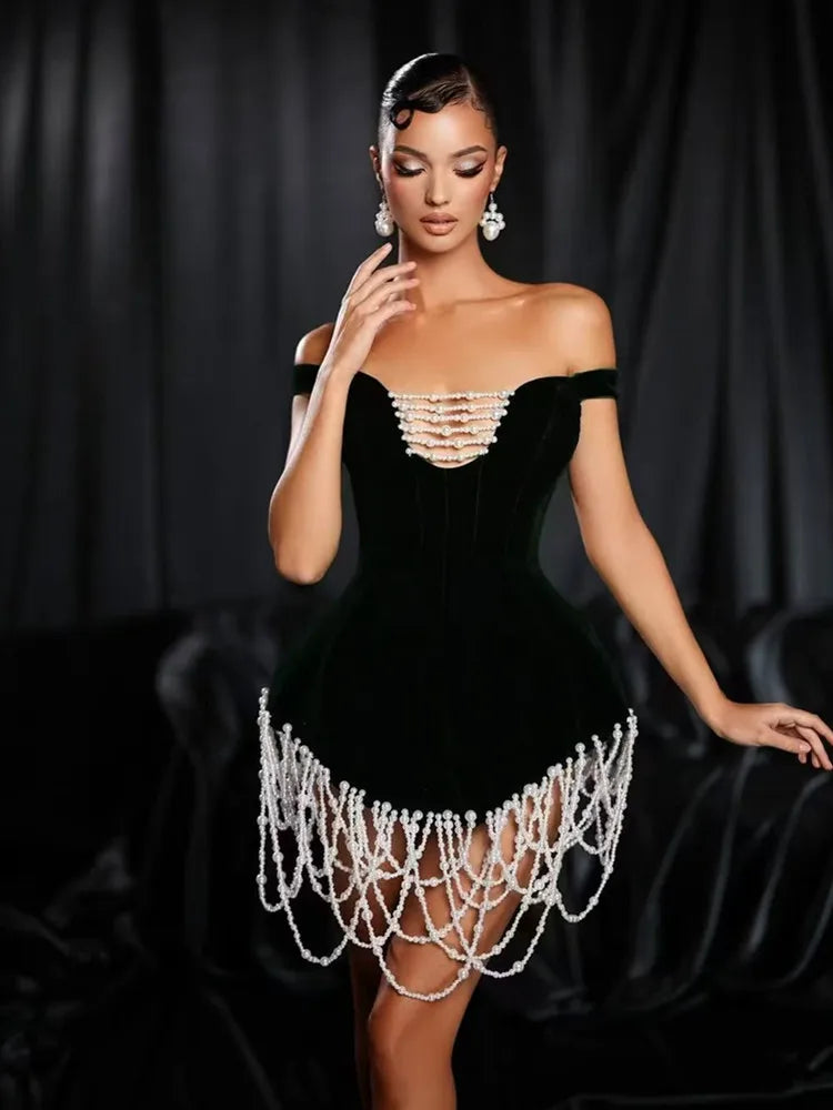 Elegant Off-Shoulder Black Bodycon Dress with Pearl Detail VestiVogue