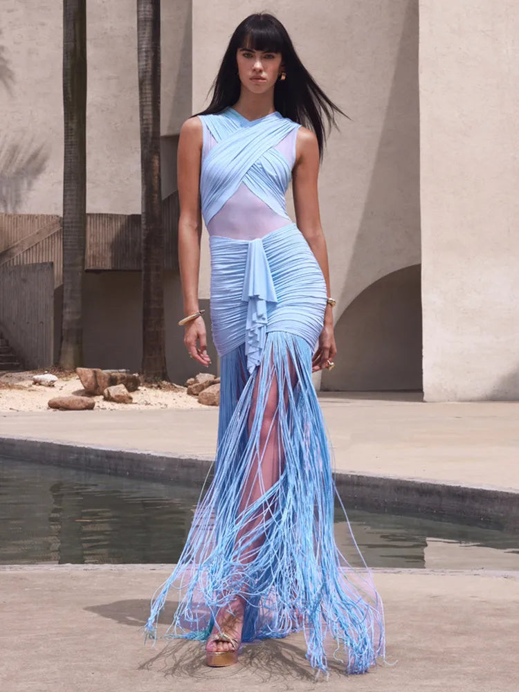 Blue Tassel V Neck Maxi Gown VestiVogue SKY BLUE XL