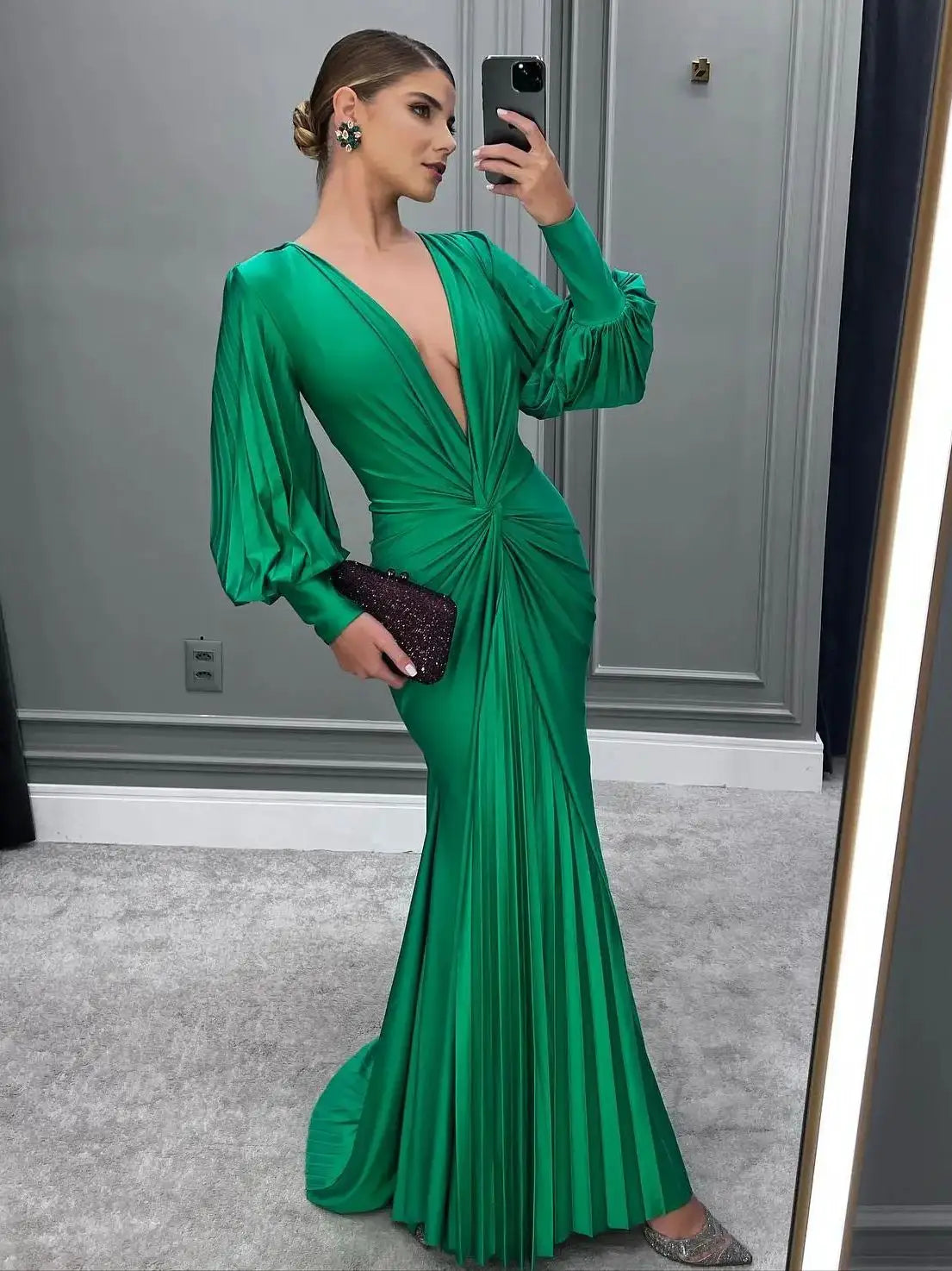 Deep V Neck Satin Green Maxi Dress VestiVogue  