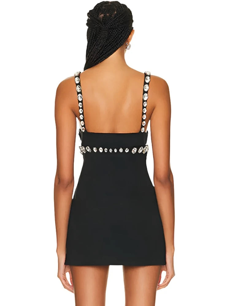 Diamond Black V Neck Bodycon Dress with Beaded Detail VestiVogue  