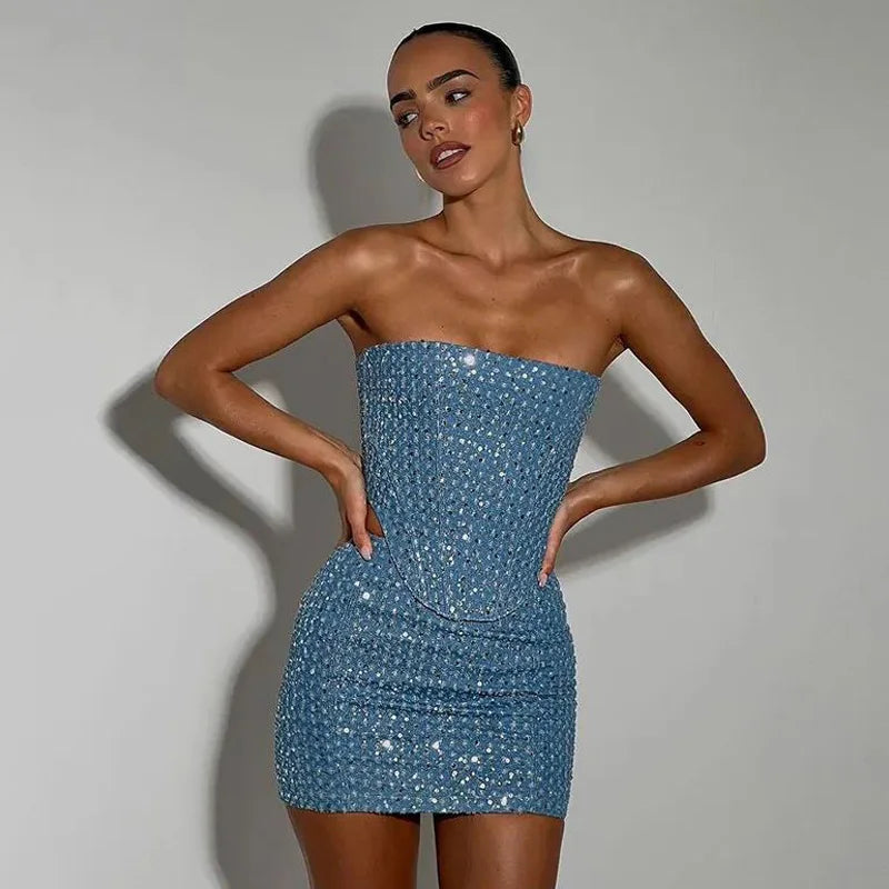 Blue Sequined Strapless Top & Mini Skirt Set VestiVogue