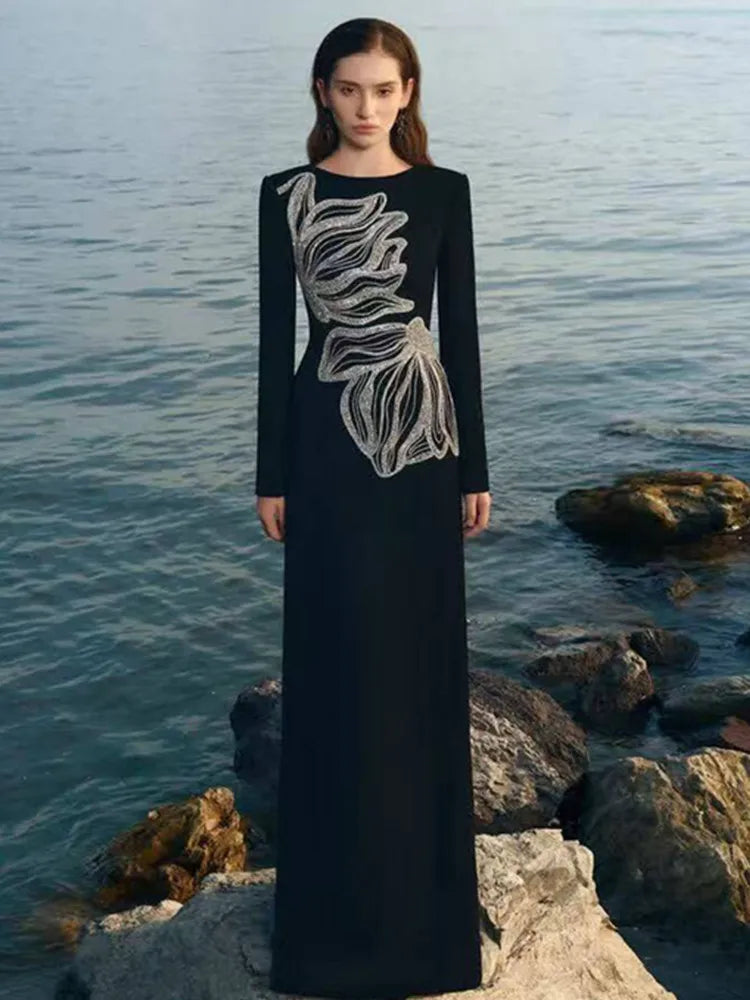 Elegant Black Long Sleeve Bodycon Maxi Dress with Beading Detail VestiVogue black XS