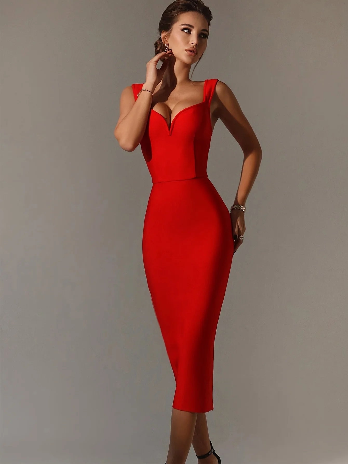 Red Midi V-Neck Bodycon Dress with Spaghetti Straps VestiVogue