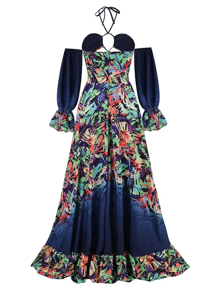 Off Shoulder Retro Print Floral Maxi Dress with split VestiVogue  