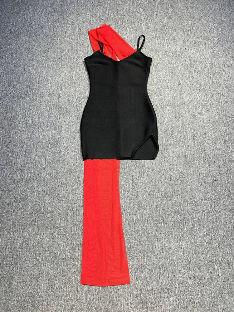 Celebrity V-Neck Mesh Bodycon Dress - Black/Red VestiVogue  