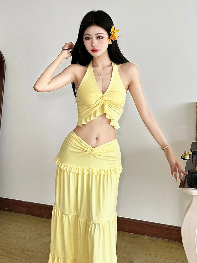Chic Halter Ruffle Trim Two-Piece Summer Set VestiVogue Yellow XXL