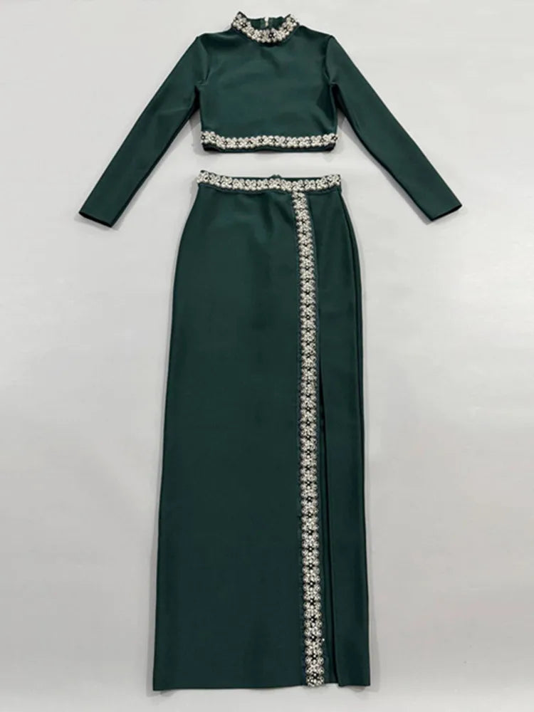 Chic Black Turtleneck Beaded Maxi Two-Piece Set VestiVogue green XL