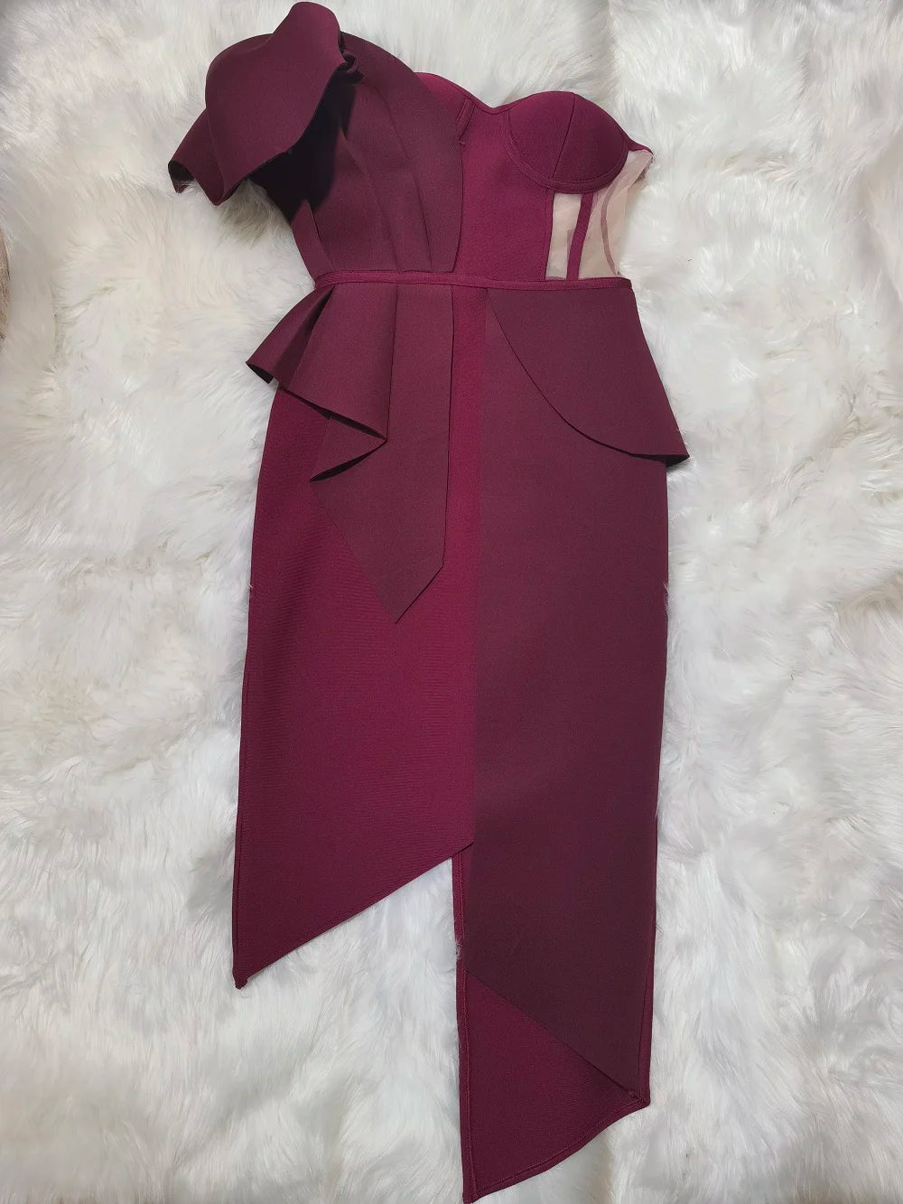 One-Shoulder Mesh Ruffle Bandage Dress VestiVogue wine XL