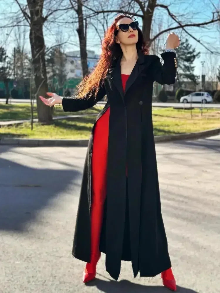 Elegant Extra-Long Notched Collar Blazer Coat with Split-Side Design VestiVogue