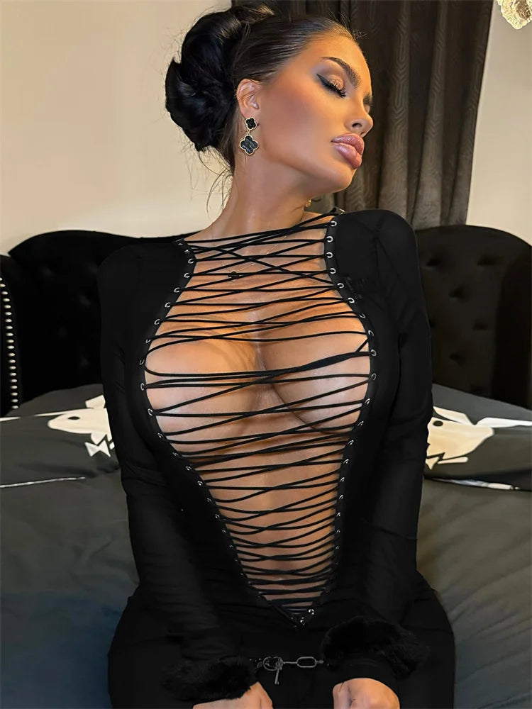 Alluring O-Neck Mini Dress with Hollow-Out Detailing VestiVogue