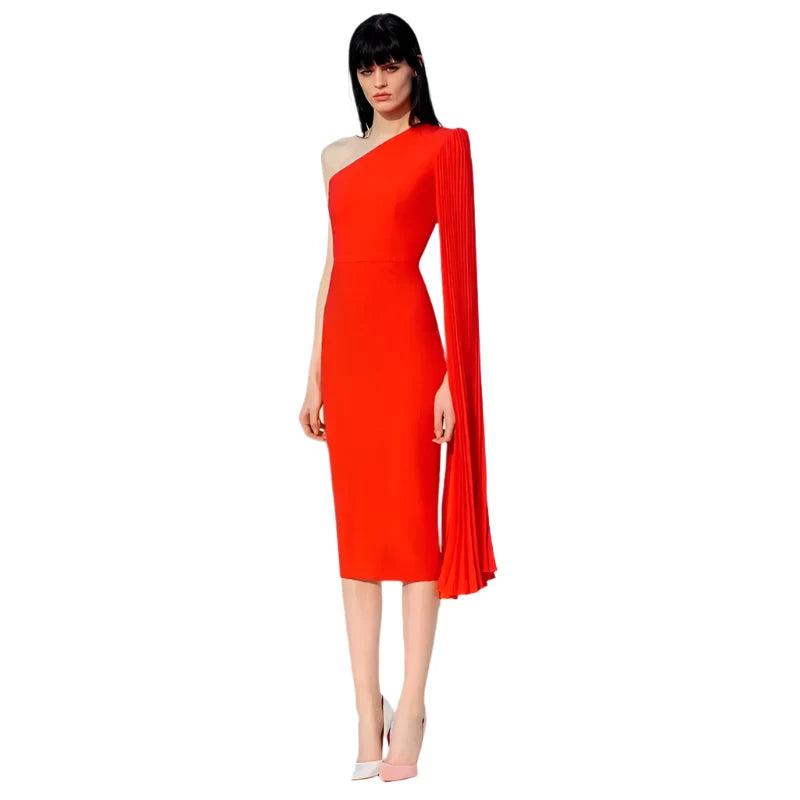 One-Shoulder Orange Bodycon Midi Dress VestiVogue