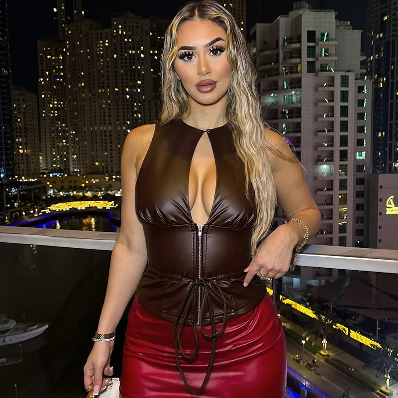 Hollow-Out Sleeveless Faux Leather Tank Top with Tie Waist VestiVogue