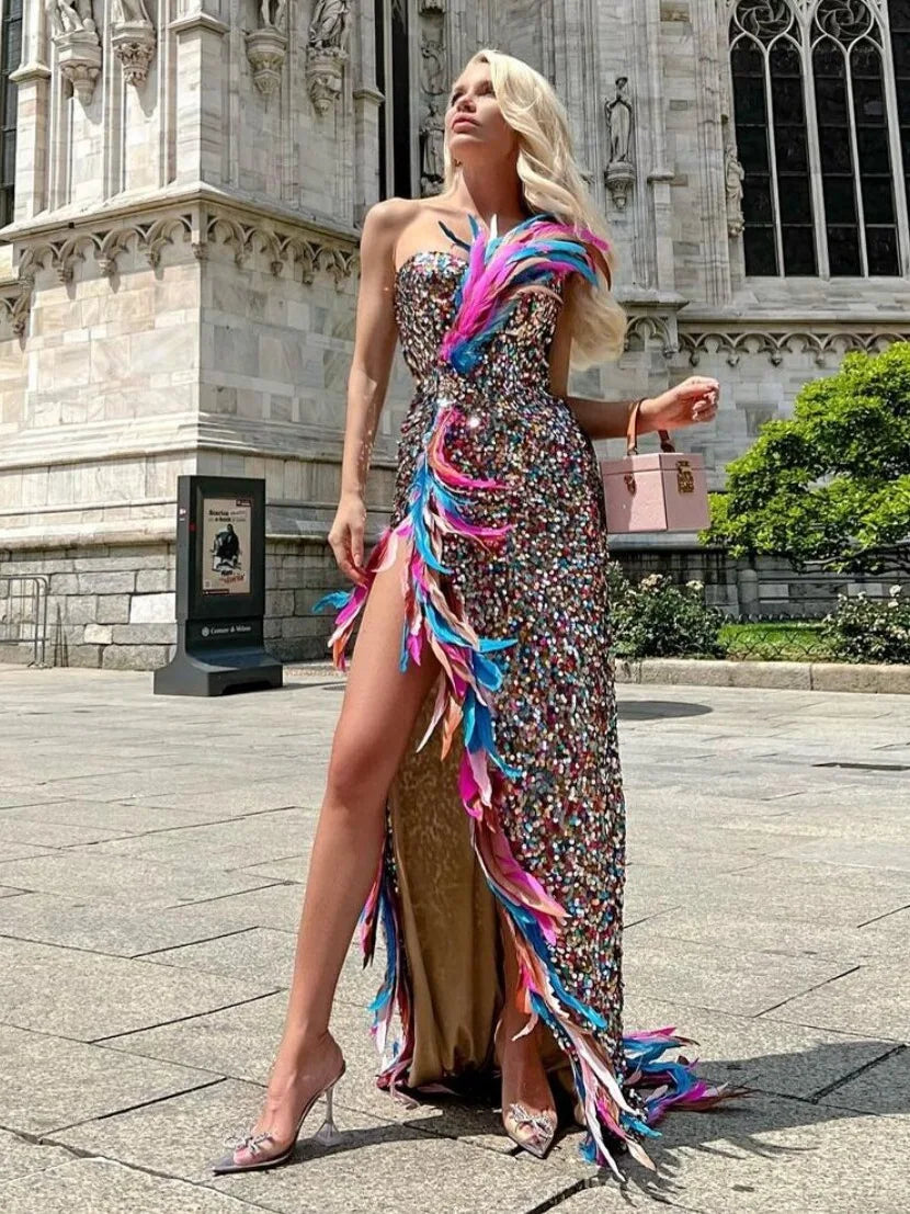 Strapless Colourful Feather Sequin Maxi Dress VestiVogue MULTI XS