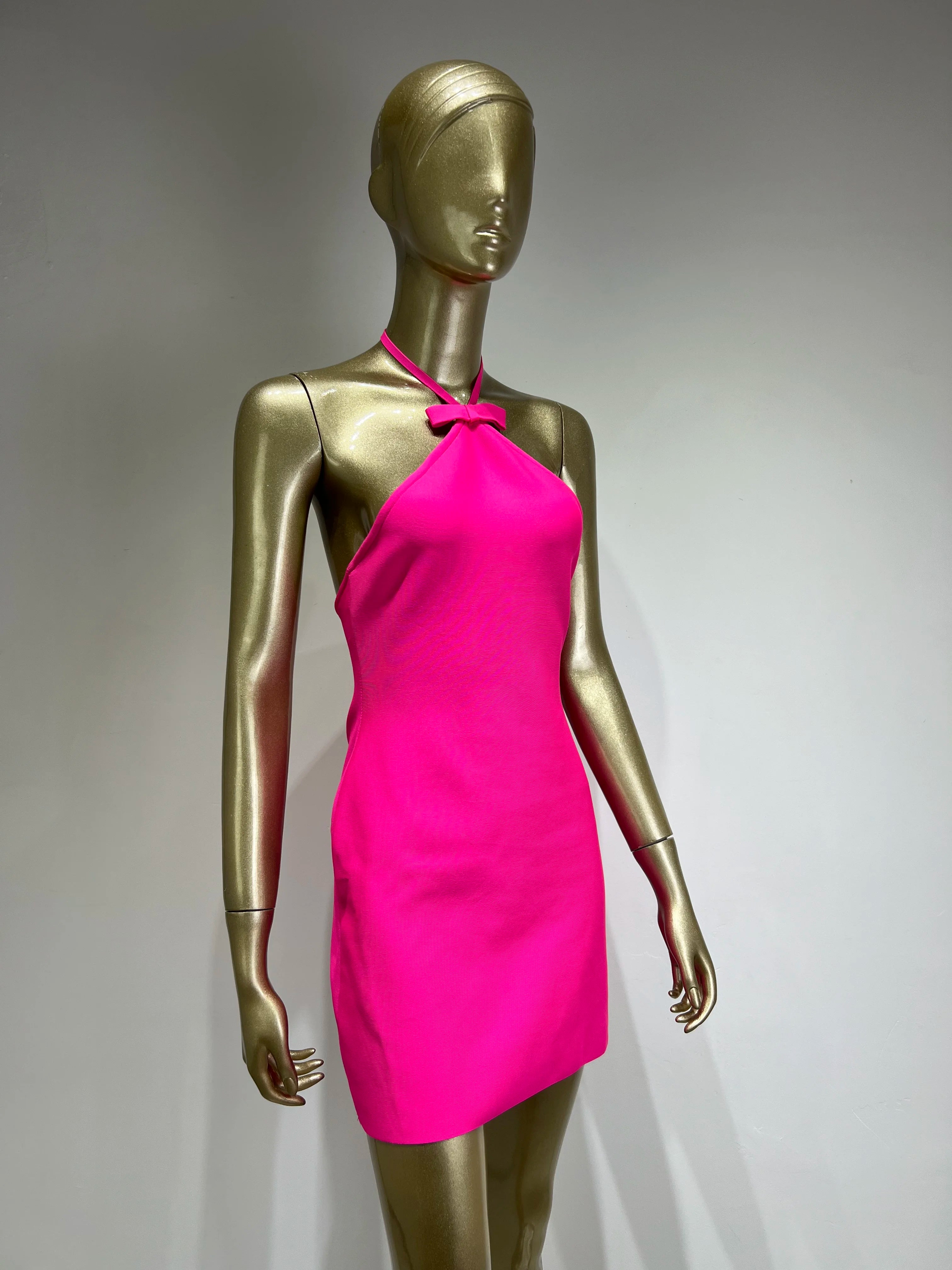 Hot Pink V-Neck Mini Dress VestiVogue