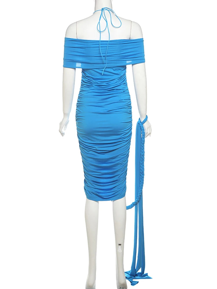 Halter Ruched Summer Dress with Plait Hand Strap VestiVogue