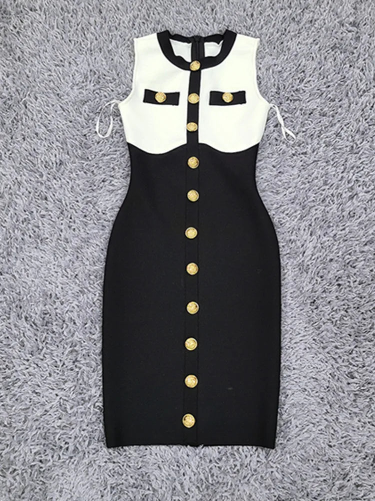 Button Detail Bodycon Dress in Black/White VestiVogue