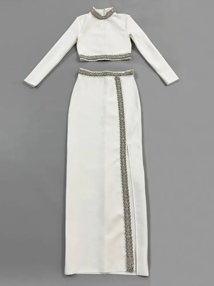 Chic Black Turtleneck Beaded Maxi Two-Piece Set VestiVogue WHITE S