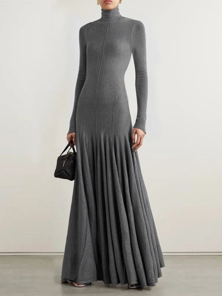 Sleek High Neck Slim Fit Maxi Dress in Solid Grey VestiVogue GRAY M