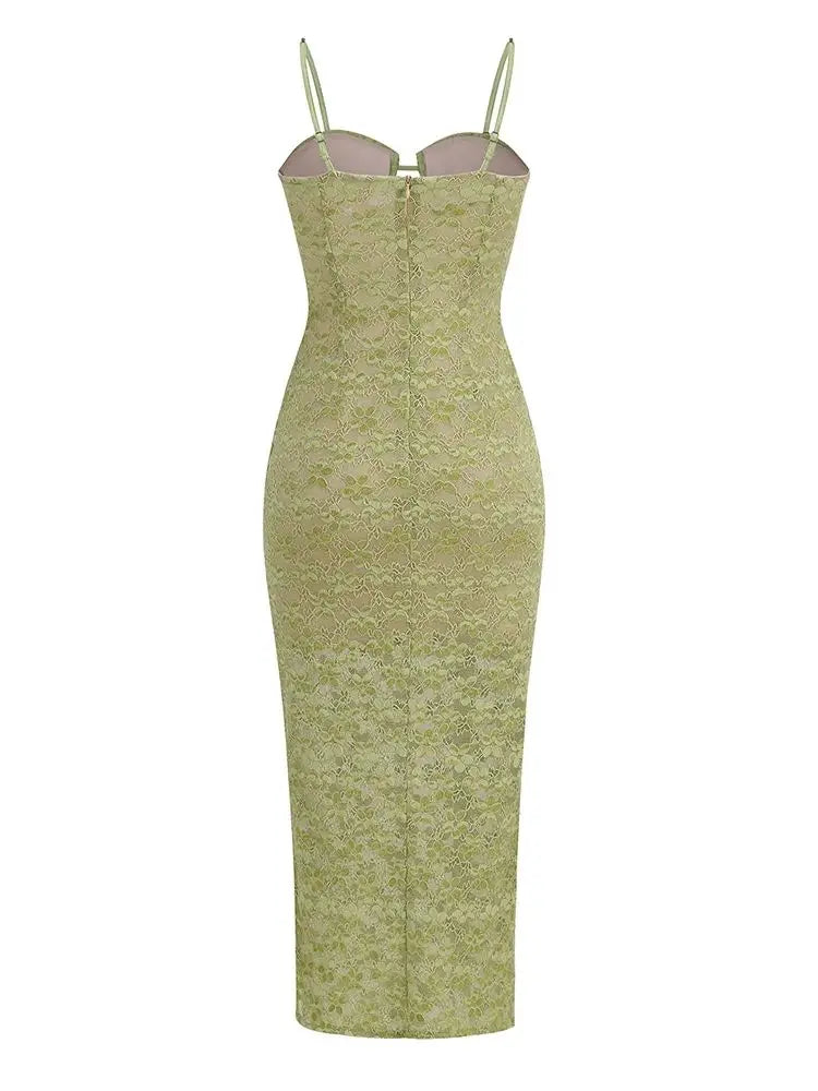 Lace Crystal Green Midi Dress VestiVogue  