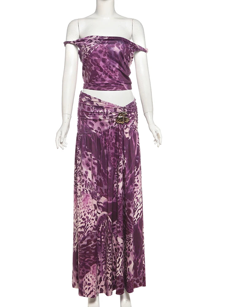 Off Shoulder Pleated Crop Top and Skirt Set VestiVogue