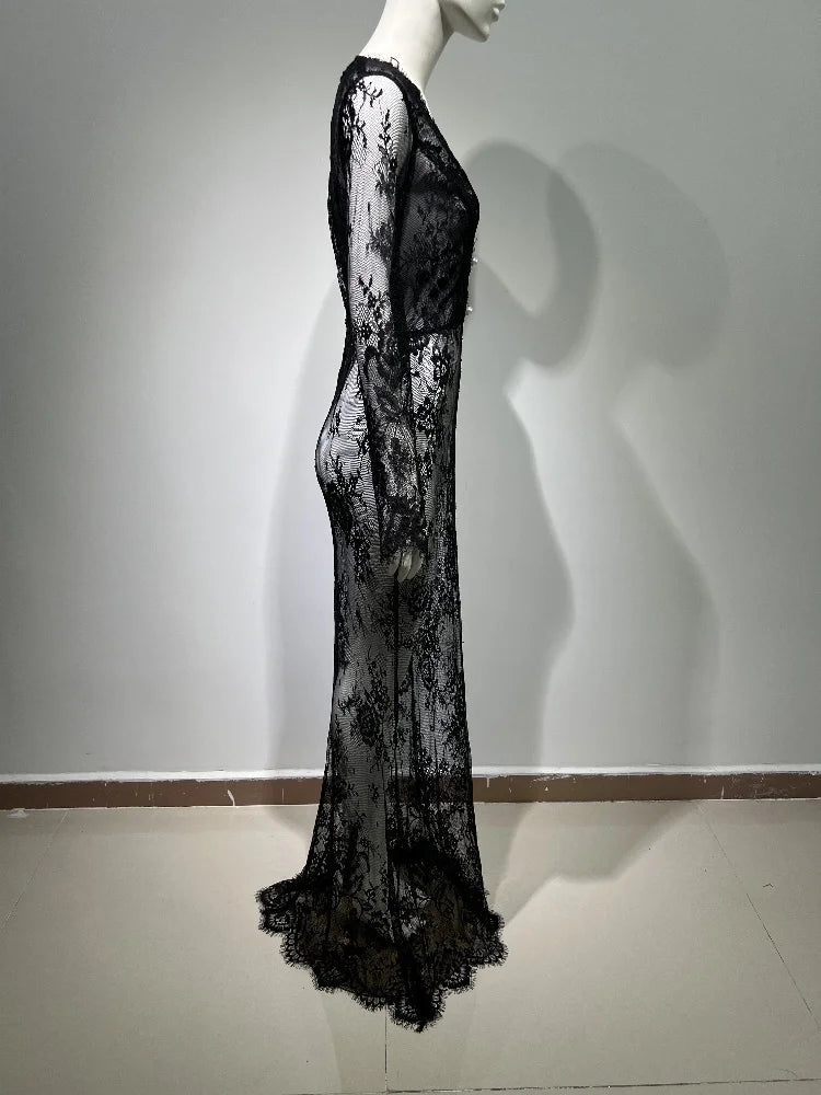 Black Lace V Neck Trumpet Maxi Dress VestiVogue