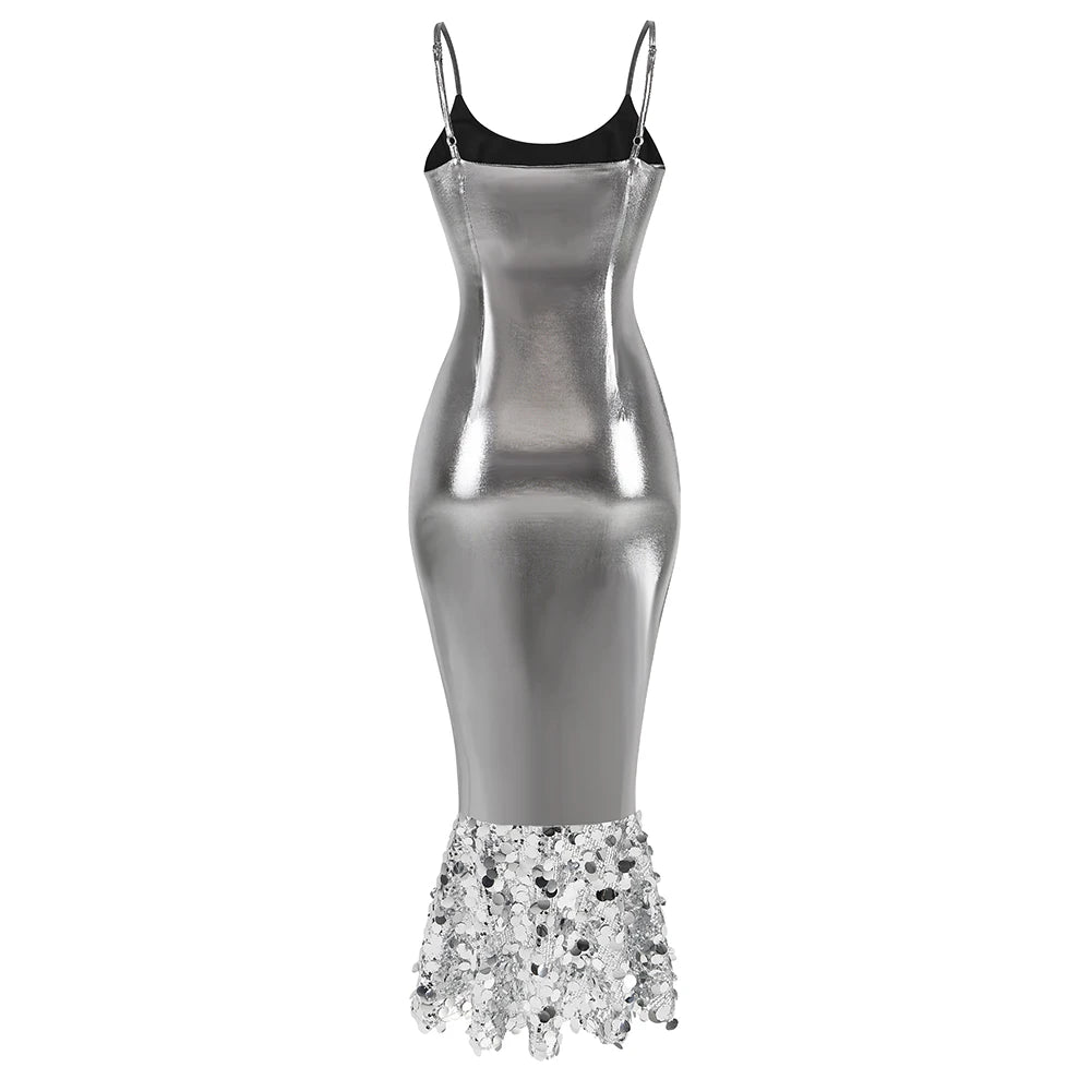 Silver Sequined Ankle-Length Sheath Dress VestiVogue