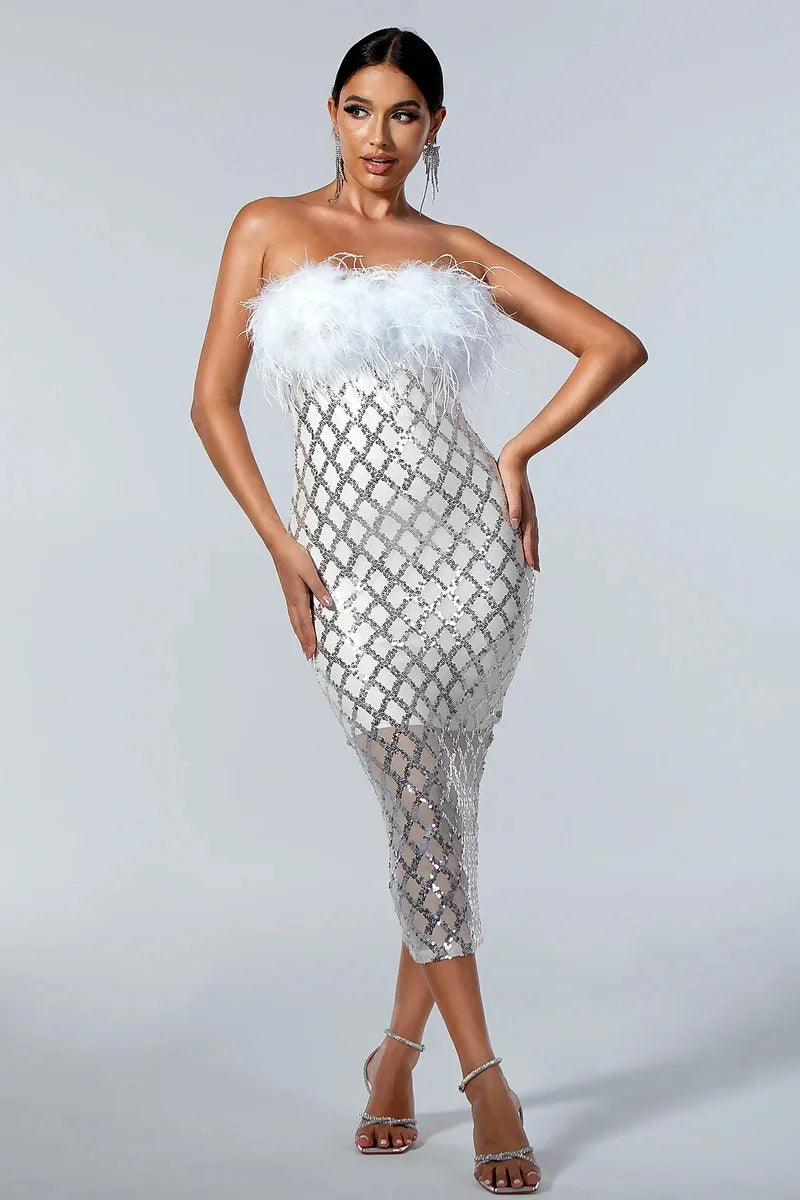 Luxury Feathers & Sequins Strapless Midi Dress VestiVogue